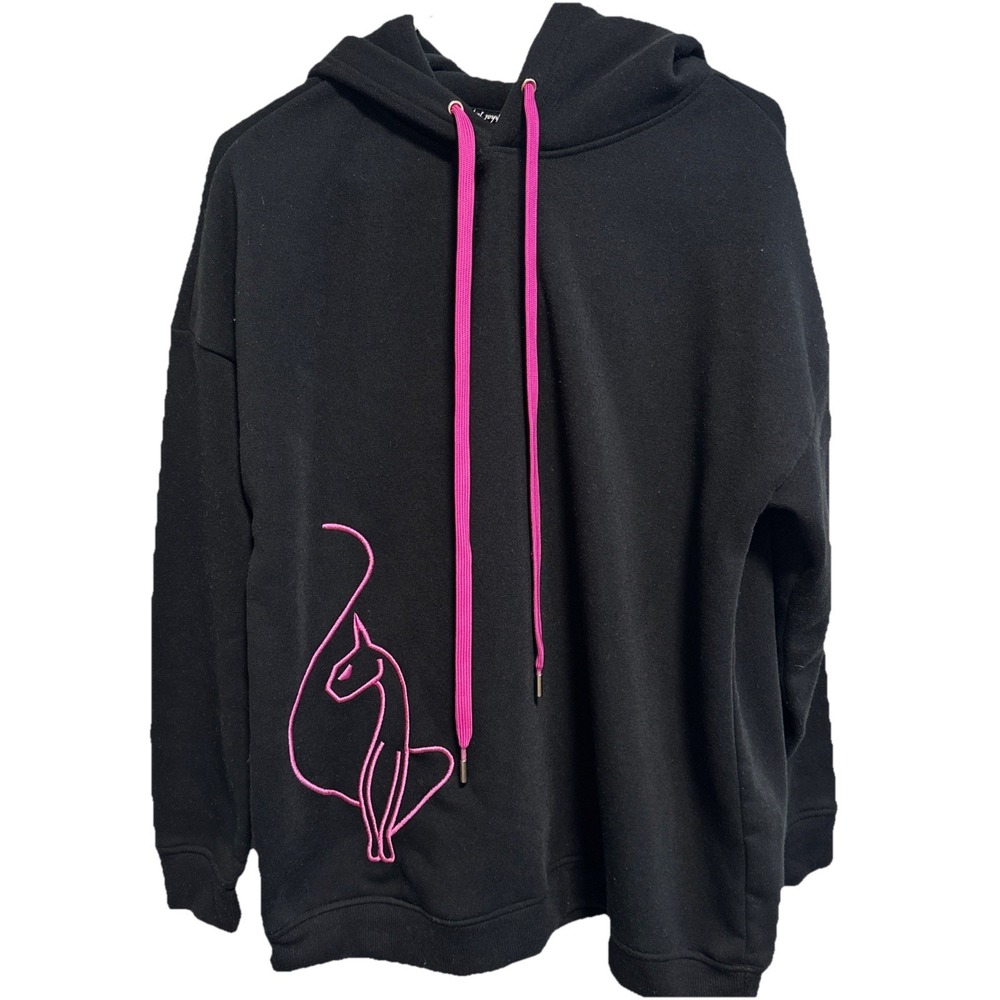 Baby Phat Women's Embroidered Kitten Hoodie Sweatshirt Black And Pink Sz Medium